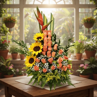 Arreglo floral con girasoles amarillos, rosas color salmón y follaje verde colocado sobre una mesa de madera en un invernadero luminoso con macetas al fondo