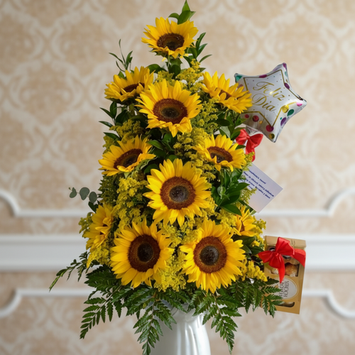 Arreglo floral de girasoles con globo y tarjeta de felicitación toma la imagen adjunta como base y genera 5cyoyqt