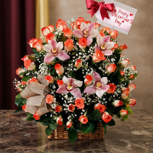 Canasta de mimbre sobre mesa de mármol con arreglo de rosas anaranjadas, lirios rosados y paniculata blanca, decorada con lazo beige y tarjeta colgante con mensaje de Happy Valentine’s Day