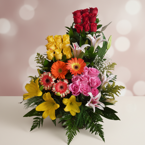 Arreglo floral vertical con rosas rojas, rosas amarillas y rosas rosadas, gerberas naranjas y rosadas, lirios amarillos y blancos sobre fondo rosa desenfocado