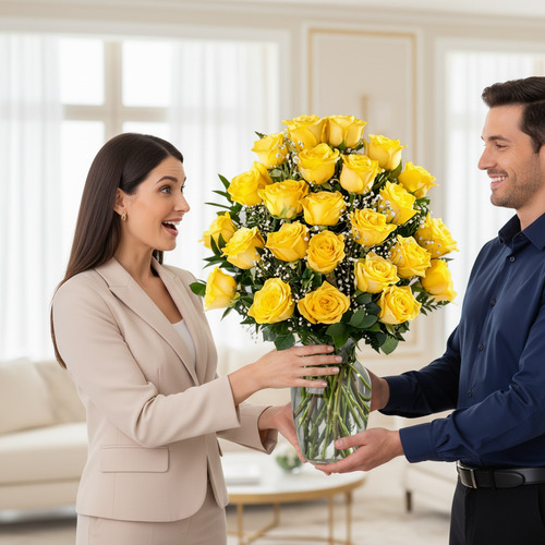 Mujer sorprendida recibe de un hombre un gran ramo de rosas amarillas en jarrón de cristal dentro de una sala luminosa