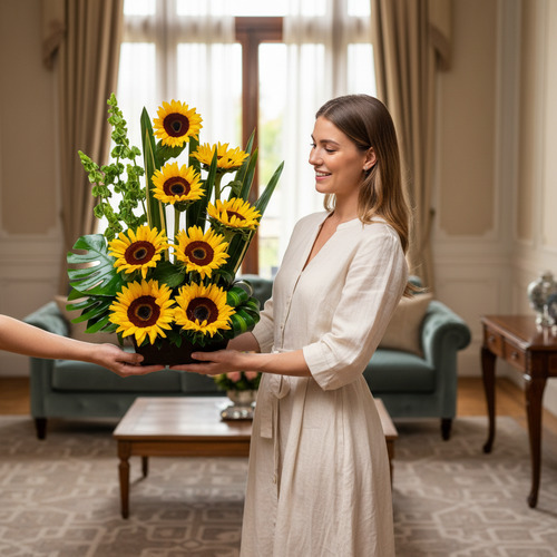 Mujer joven con vestido beige recibe un arreglo de girasoles amarillos en una sala de estar luminosa con sofá verde y cortinas beige