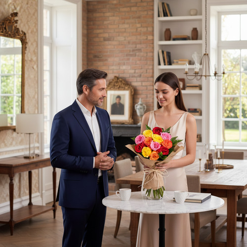 Hombre con traje azul entregando a una mujer con vestido beige un ramo de rosas de colores sobre una mesa redonda blanca en un salón luminoso y elegante