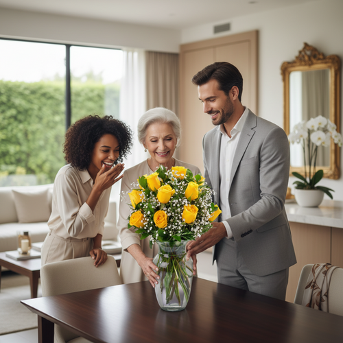 Hombre y dos mujeres mayores y jóvenes sonríen mientras colocan un ramo de rosas amarillas con paniculata en un jarrón de cristal sobre una mesa de madera en una sala de estar luminosa