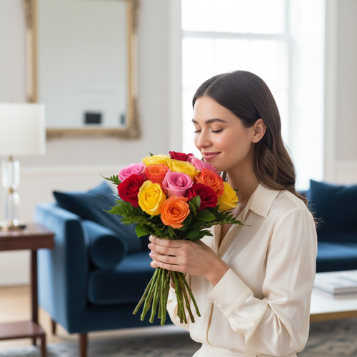Mujer con blusa beige sosteniendo y oliendo un ramo de rosas rojas, amarillas, naranjas y rosas en una sala de estar luminosa con sofá azul al fondo