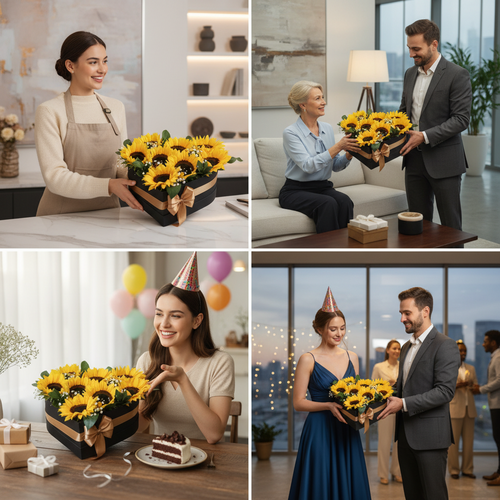 Collage de cuatro escenas donde personas entregan y reciben ramos de girasoles en cajas negras con lazo dorado en distintos ambientes