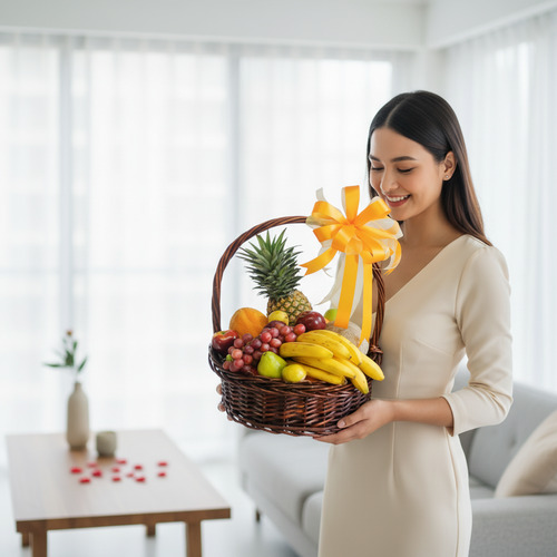 Mujer joven de vestido beige sosteniendo una canasta de mimbre con frutas tropicales y lazo amarillo en una sala de estar luminosa