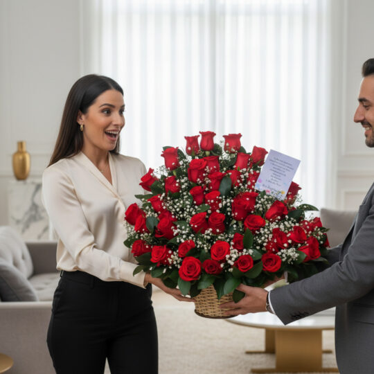 Mujer sorprendida recibe de un hombre una gran canasta de rosas rojas con tarjeta en una sala de estar elegante