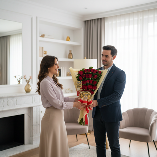 Hombre con traje azul entregando un gran ramo de rosas rojas envuelto en papel beige a una mujer con blusa lila y falda beige en una sala de estar luminosa y moderna