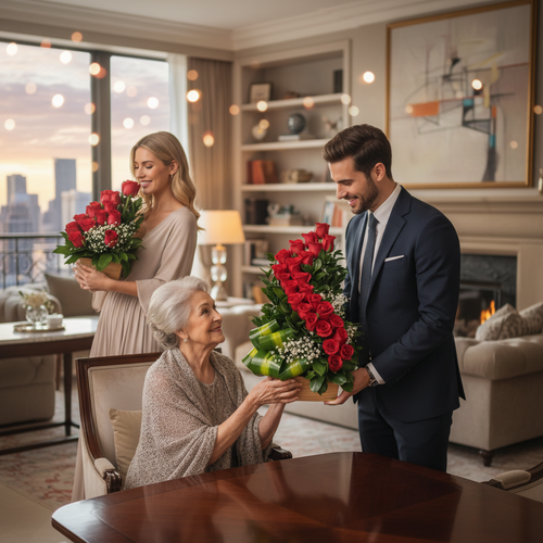 Hombre joven con traje azul y mujer rubia entregan grandes ramos de rosas rojas a una mujer mayor sentada en una sala de estar moderna y luminosa