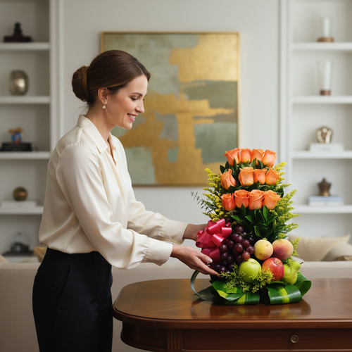Mujer acomodando un arreglo de rosas naranjas con frutas variadas sobre una mesa de madera en una sala elegante