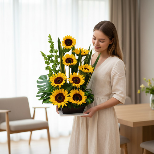 Mujer joven con vestido beige sosteniendo un arreglo floral de girasoles amarillos en una maceta rectangular negra dentro de una sala luminosa