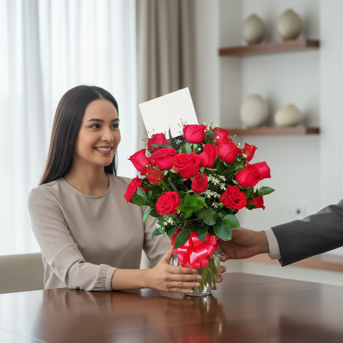 Mujer sonriente sentada a una mesa mientras recibe un ramo de rosas rojas en un jarrón de cristal con lazo rojo y tarjeta