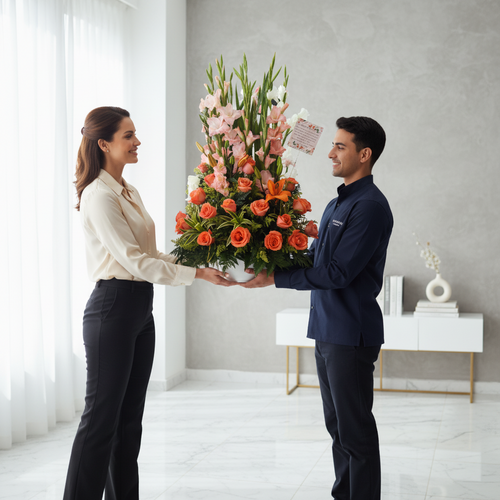 Mujer recibiendo de un repartidor un gran arreglo floral con rosas naranjas y flores rosadas en una sala moderna de tonos claros