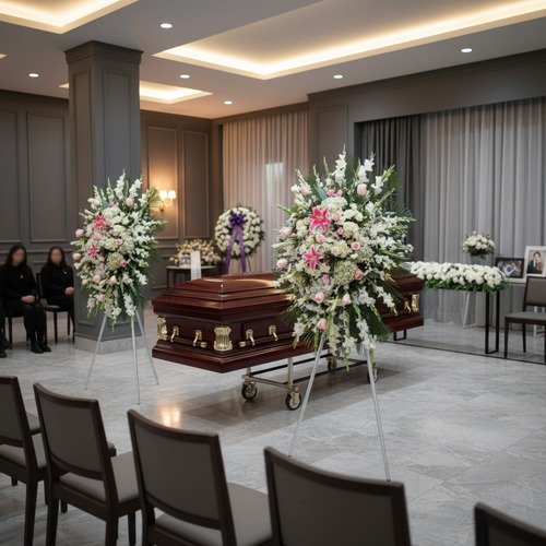 Ataúd de madera barnizada en una sala de velatorio, flanqueado por dos grandes coronas de flores blancas y rosadas sobre caballetes, con sillas alineadas y cortinas grises al fondo