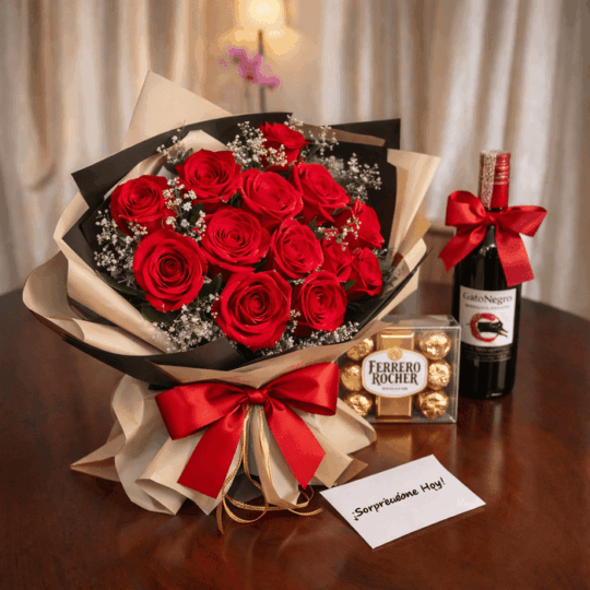 Bouquet de Rosas, Vino y Chocolates - Imagen 1
