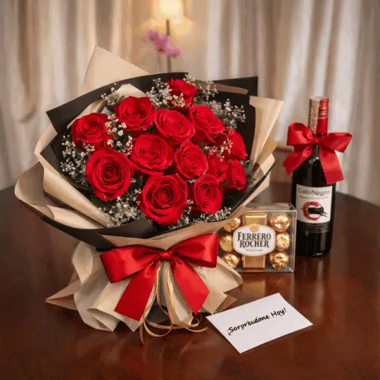 Bouquet de Rosas, Vino y Chocolates - Imagen 1