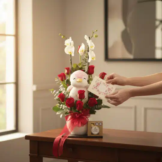 Manos delicadas colocando una tarjeta en el Arreglo ALICE con Orquídea Majestuosa, Rosas Rojas, peluche de pingüino y chocola