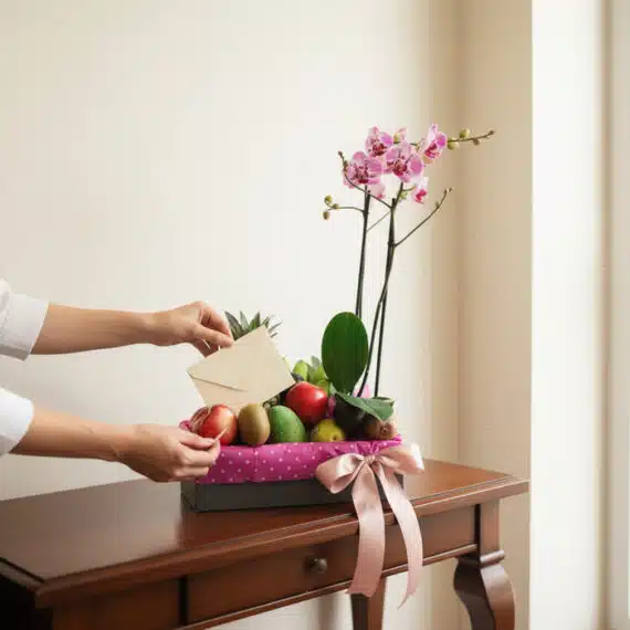 Manos delicadas colocando una tarjeta en un Arreglo ANTONELLO con orquídea Phalaenopsis rosa y frutas frescas sobre una mesa