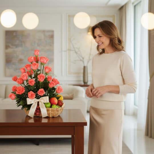 Mujer elegante admira el Arreglo Floral ABRAMIO, una cesta con rosas salmón, frutas variadas y un moño crema, en un lujoso in