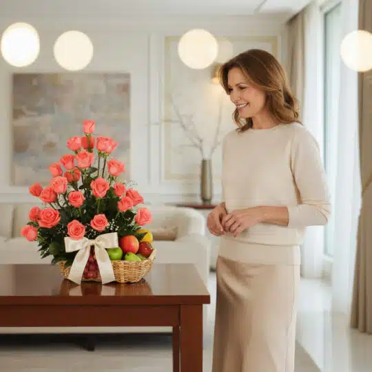 Mujer elegante admira el Arreglo Floral ABRAMIO, una cesta con rosas salmón, frutas variadas y un moño crema, en un lujoso in