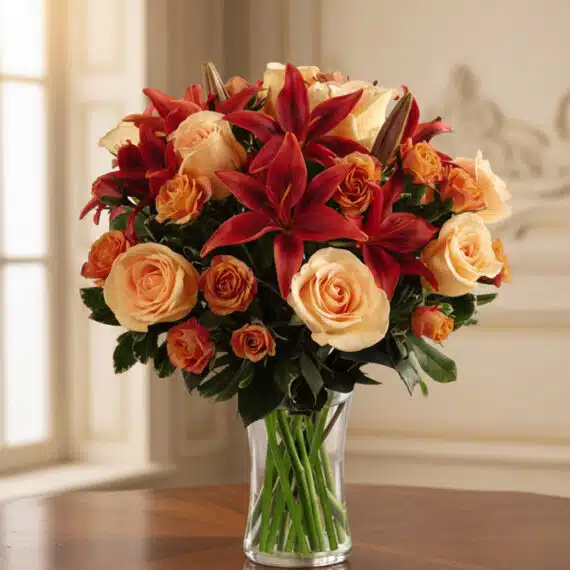 Arreglo Floral ALESSANDRA con rosas naranjas y lirios frescos en un jarrón de cristal, sobre una mesa de madera oscura con un