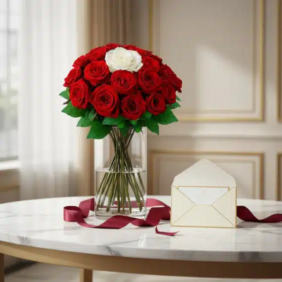 Arreglo floral ALESSIA con 23 rosas rojas y 1 rosa blanca central en jarrón de cristal, sobre mesa de mármol con tarjeta de r