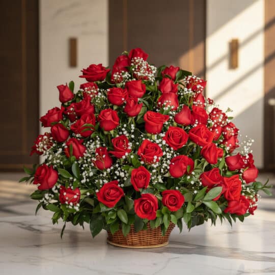 Arreglo Floral Amor Gigante con rosas rojas frescas y follaje verde en una cesta de mimbre, sobre una superficie de mármol pu