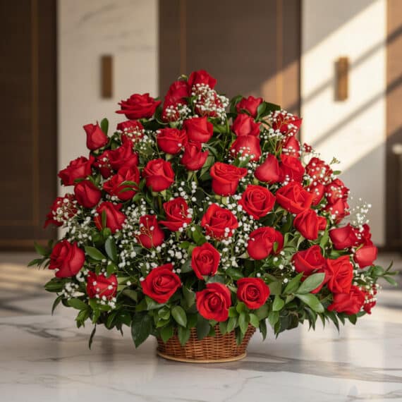 Arreglo Floral Amor Gigante con rosas rojas frescas y follaje verde en una cesta de mimbre, sobre una superficie de mármol pu