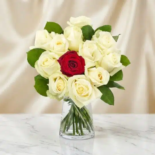 Arreglo floral CARLA con 12 rosas de tallo largo, una roja central y once blancas, en un jarrón de cristal sobre mármol.