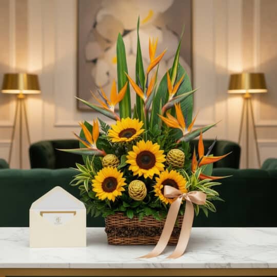 Arreglo floral de lujo con girasoles vibrantes, exóticas aves del paraíso y follaje verde, presentado en una cesta de mimbre