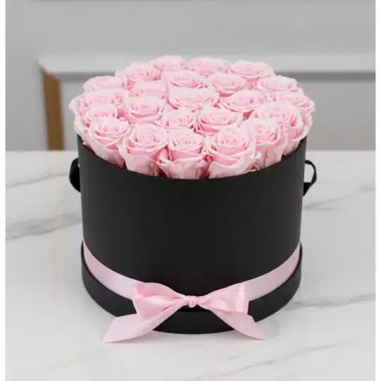 Arreglo floral Francesca con 21 rosas rosadas preservadas en una caja cilíndrica negra con lazo rosa, ideal para regalo.