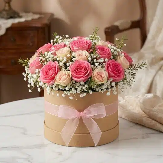 Arreglo floral GIADA con 12 rosas frescas rosadas y crema en una caja redonda de cartón con lazo rosa, ideal para regalo.