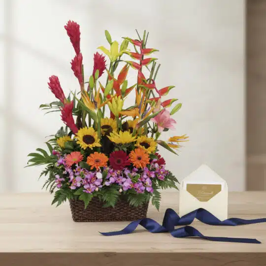 Arreglo floral exótico GINGER con orquídeas hawaianas, girasoles, heliconias y ginger, presentado en una cesta de mimbre con