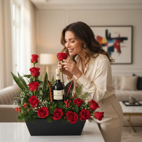 Mujer elegante oliendo una rosa roja de un arreglo floral CINZIA con 12 rosas rojas y una botella de vino, en un hogar de luj