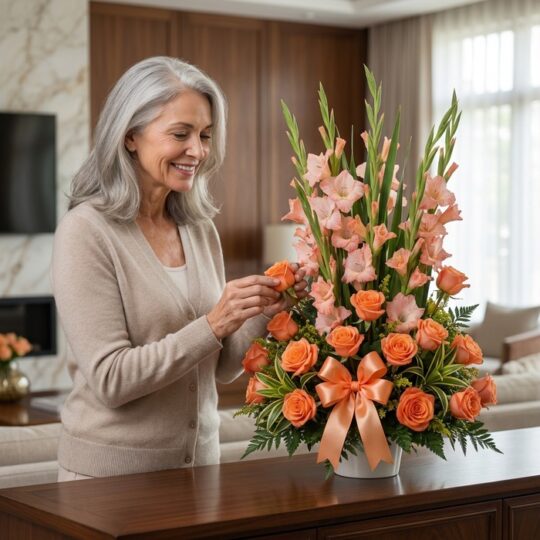 Mujer de cabello plateado admirando y tocando delicadamente una rosa naranja en un Arreglo Floral Suspiro, en un lujoso inter