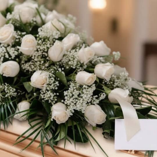 Arreglo fúnebre cubre caja con rosas blancas, follaje verde y pequeñas flores blancas, con una cinta satinada y una tarjeta d