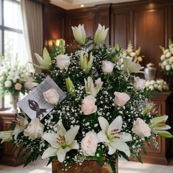 Arreglo Fúnebre Infinito: Lirios y Rosas Blancas para Homenaje Arreglo fúnebre Infinito con lirios blancos y rosas pálidas, presentado en una sala de velación premium con luz natural suave