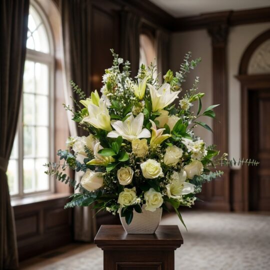Arreglo fúnebre perpetuo con lirios blancos, rosas blancas y follaje verde, presentado en una sala de velación premium con lu