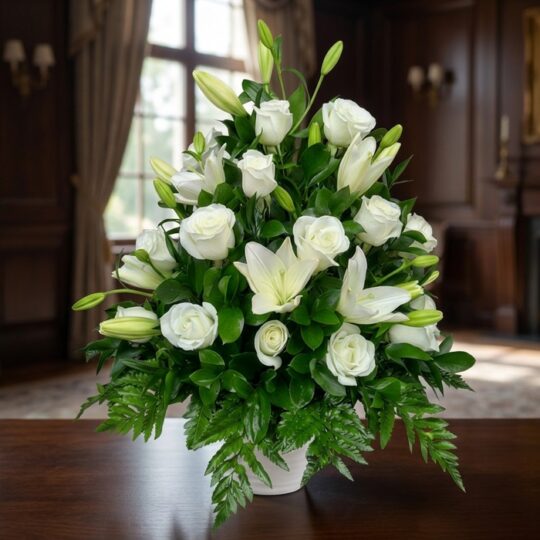 Arreglo fúnebre Piedad con rosas y lirios blancos, hojas verdes, en sala de velación premium con luz natural y bokeh.