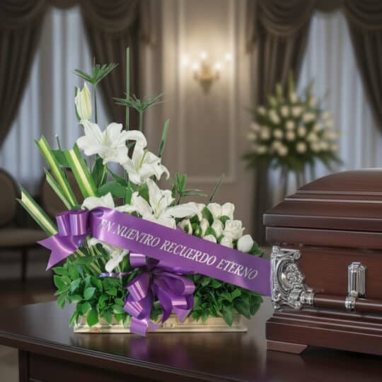 Arreglo fúnebre Pureza con lirios blancos y follaje verde, cinta morada con mensaje de condolencia, junto a un ataúd en sala