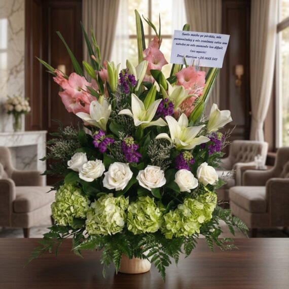 Arreglo Fúnebre Te Fuiste: Elegancia y Respeto en Cada Flor Arreglo fúnebre Te Fuiste con lirios blancos, gladiolos rosas, rosas blancas y hortensias verdes, en sala de velación premium