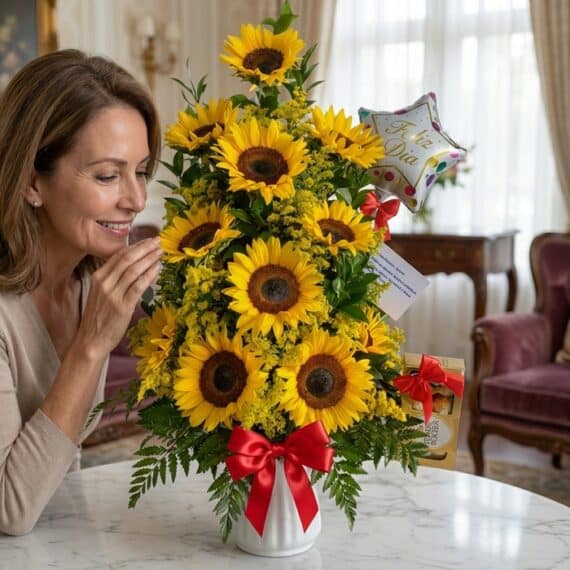 Mujer de mediana edad, elegante y sonriente, admira de cerca un gran arreglo floral de girasoles amarillos con un moño rojo y