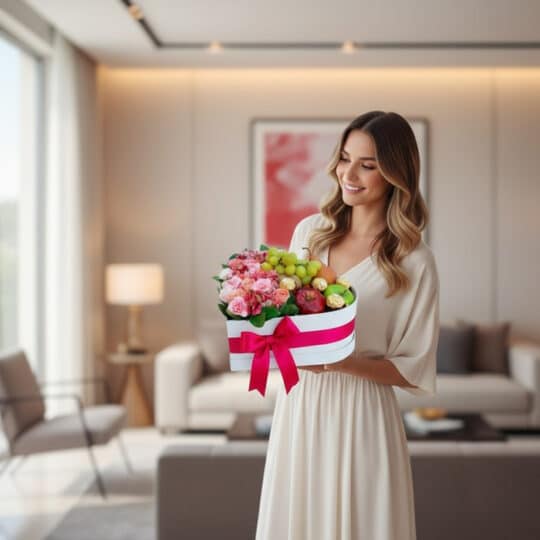 Mujer elegante sonriendo, sosteniendo una caja corazón blanca con rosas rosadas, uvas, manzanas y chocolates Ferrero, en un h