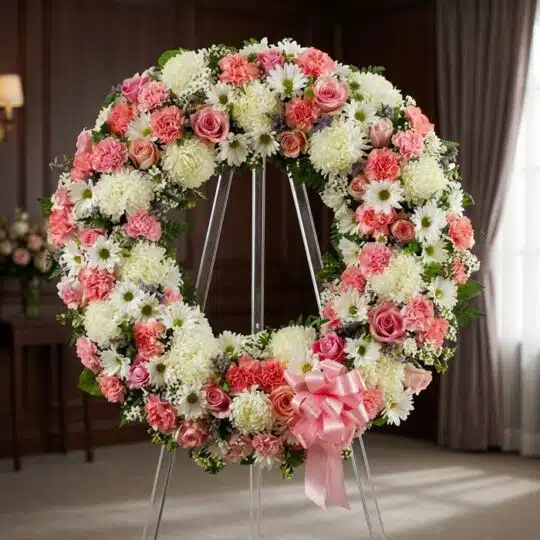 Corona fúnebre Homenaje a Jesús con rosas rosadas, claveles y crisantemos blancos, sobre un caballete en una sala de velación