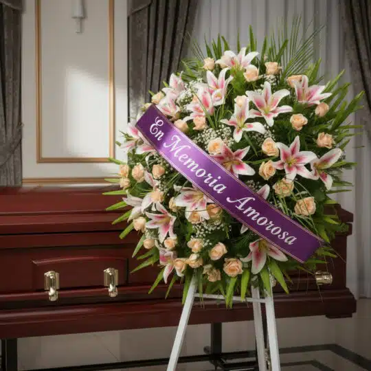 Corona fúnebre Luz Eterna con lirios blancos y rosas melocotón, cinta morada 'En Memoria Amorosa', junto a un ataúd de madera