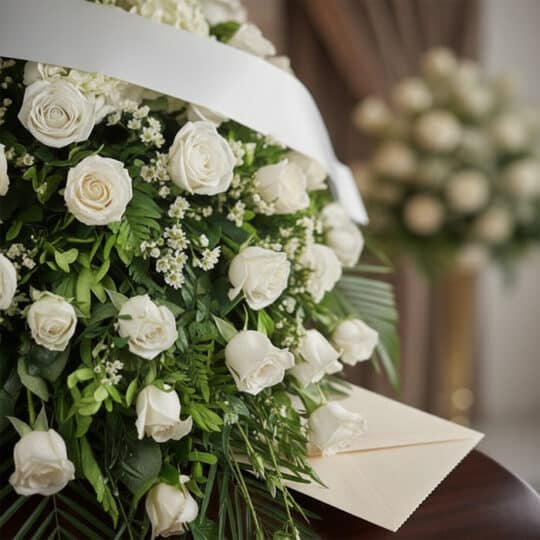 Fotografía macro premium del Cubre Caja Fúnebre Bernardita, con rosas blancas, follaje verde, rocío sutil y cinta satinada. S