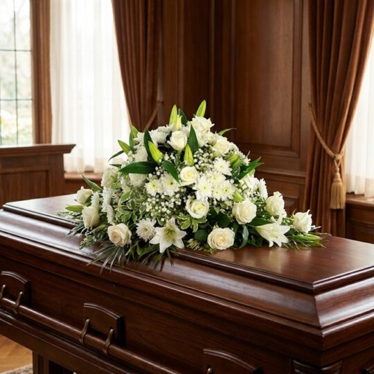 Cubre caja fúnebre solemne con rosas blancas, lirios y follaje verde sobre un ataúd de madera oscura en un entorno elegante y