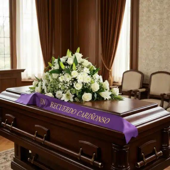 Cubre caja fúnebre solemne con arreglo floral blanco y cinta morada 'En Recuerdo Cariñoso' en sala de velación premium.