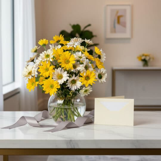 Jarron Floral Agatha con margaritas amarillas y blancas, tarjeta de regalo y cinta satinada en mesa de marmol.